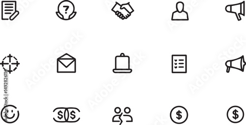 Create a kinds of Business marketing icon set. Containing agreement, donation, handshake, partnership, money, social media, megaphone, sponsor, purchase, Vector illustration vector art silhouette with