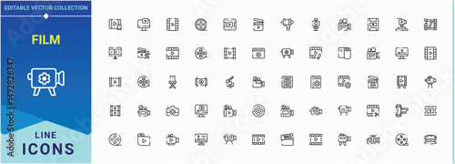 Film line icon set. Minimalist vector collections. Pictograms of multimedia, video, television, cinema, movie, media. Editable vector art and illustration. Cinema line icon set.