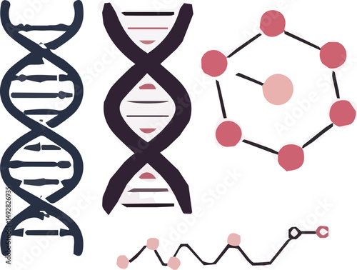 Create a kinds of DNA icon set, DNA helix, chromosome, molecule symbol, Vector illustration silhouette with white background.