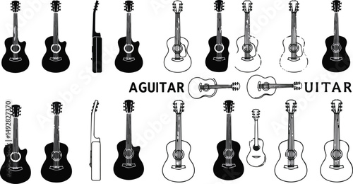 Create a kinds of Guitar icon set. black Acoustic guitar isolated on transparent background, vector illustration with white background.
