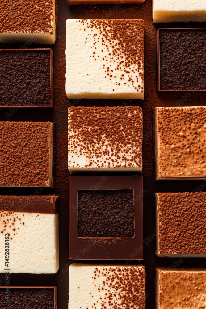 Fototapeta premium Knolling composition of tiramisu squares with espresso cups and cocoa powder