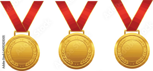 Create a kinds of Medal icon set, Gold medals with ribbon, competition Awards symbol, vector illustration with white background.