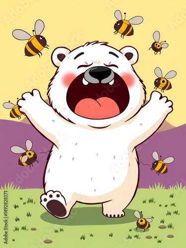 Funny polar bear in panic. Angry bees. Vector illustration.