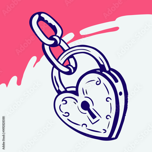 Heart-Shaped Padlock with Chain: Romantic Love Lock Illustration