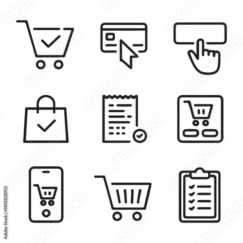 E-commerce Checkout Process Icons Set. Simple Line Icons Representing Approved Ecommerce Transactions
