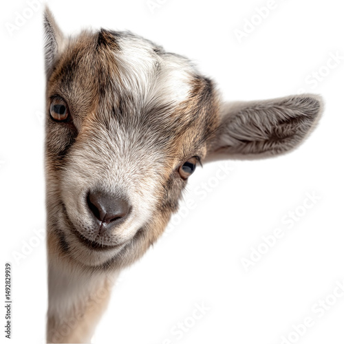 Playful young goat peeking around a corner, showcasing its curious expression and fluffy fur