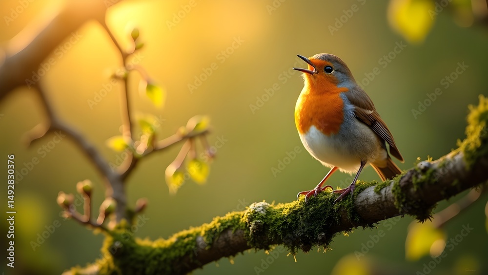 Obraz premium Singing European Robin perched on a mossy branch in golden sunlight, wildlife in nature