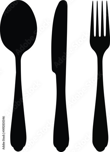 Create a kinds of Spoon, knife, fork icon set, Dining silverware , cutlery, Vector illustration silhouette with white background.