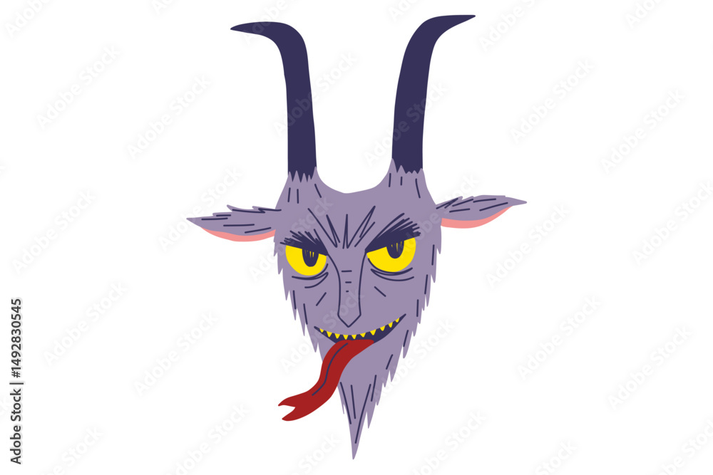 Fototapeta premium Cartoon krampus illustration. Halloween demon devil. Scary face. Sticker print logo icon. Stock vector illustration isolated on white background.