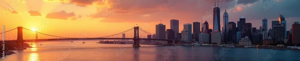 Fototapeta premium Dramatic golden hour vista, city skyscrapers framed by bridge, usa, ocean