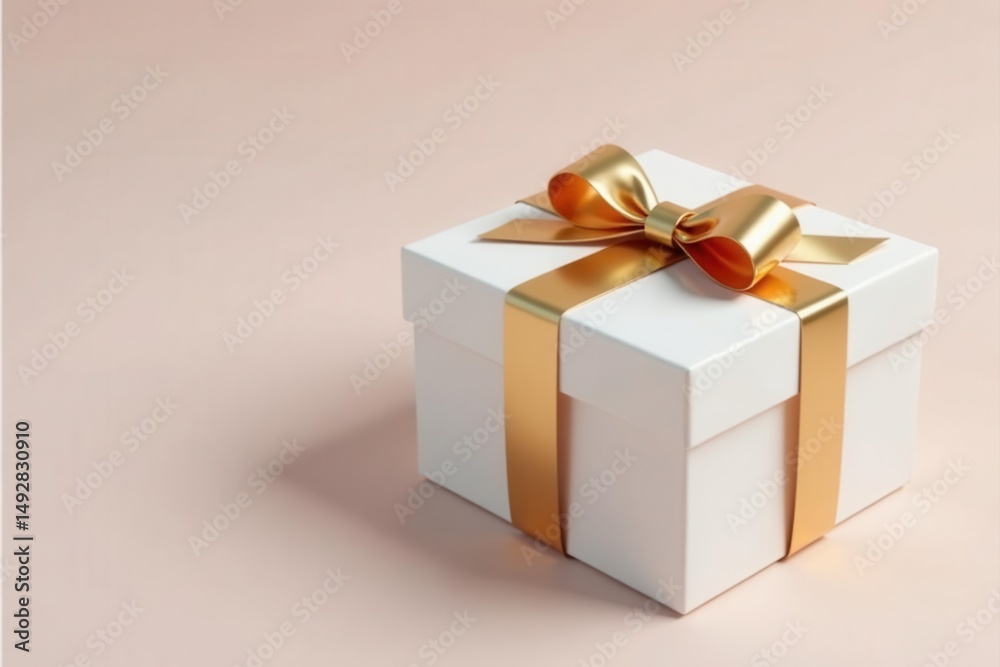 Obraz premium Elegant white gift box with golden ribbon bow , image, gift, decoration