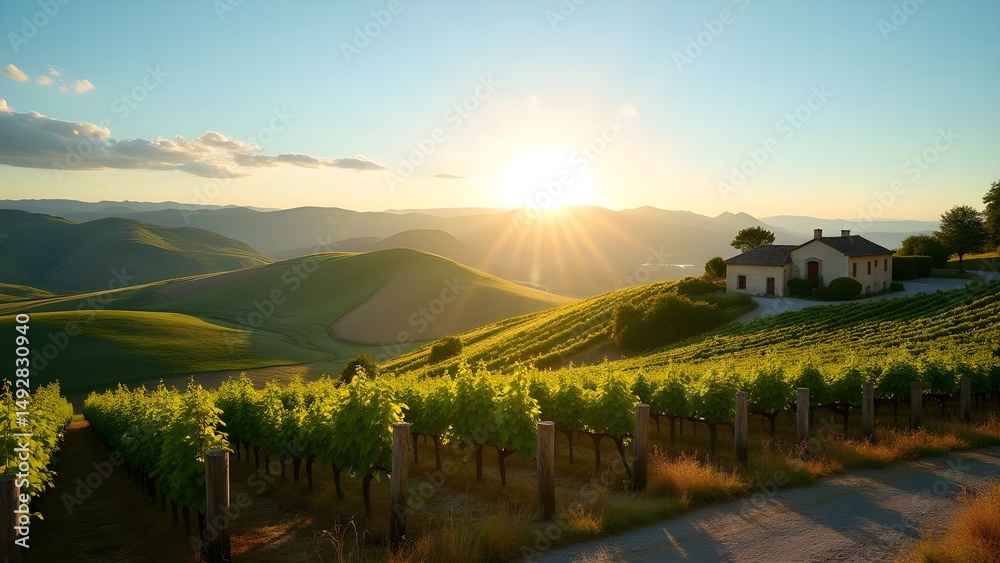 Obraz premium Picturesque Vineyard Landscape with Rolling Hills and Charming Cottage at Sunset
