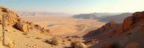 Wallpaper Mural Expansive desert view from Masada, rugged terrain, shadows, ancient fortification, history, plateau, texture Torontodigital.ca