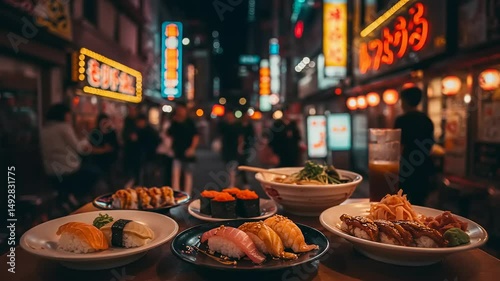 Night food market scene with sushi and noodles.