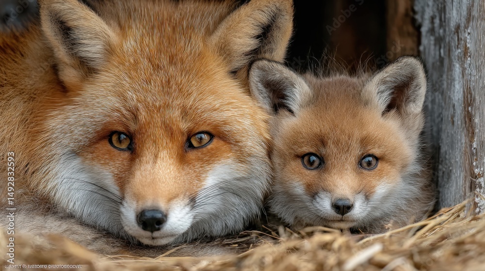 Fototapeta premium Captivating close-up of a red fox with her adorable fox kit cuddling together