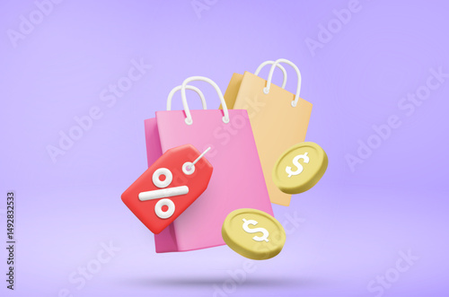 3D illustration vector render of online shopping. Showing shopping bag with discount coupon and dollar coin. Concept of payment, promotion and discount on shopping.