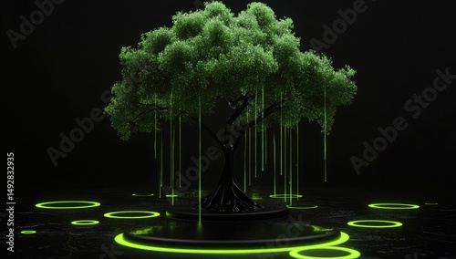 Wallpaper Mural A lush, green tree with cascading, glowing tendrils rests on a dark, circular platform, illuminated by neon green rings against a black backdrop.  The scene has a digital, otherworldly feel Torontodigital.ca
