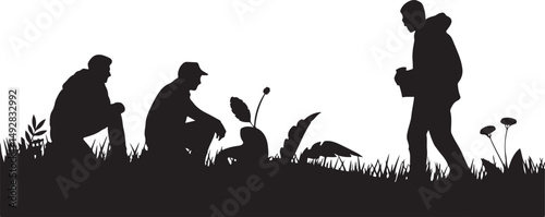 Three Silhouettes Examining Plants in a Field