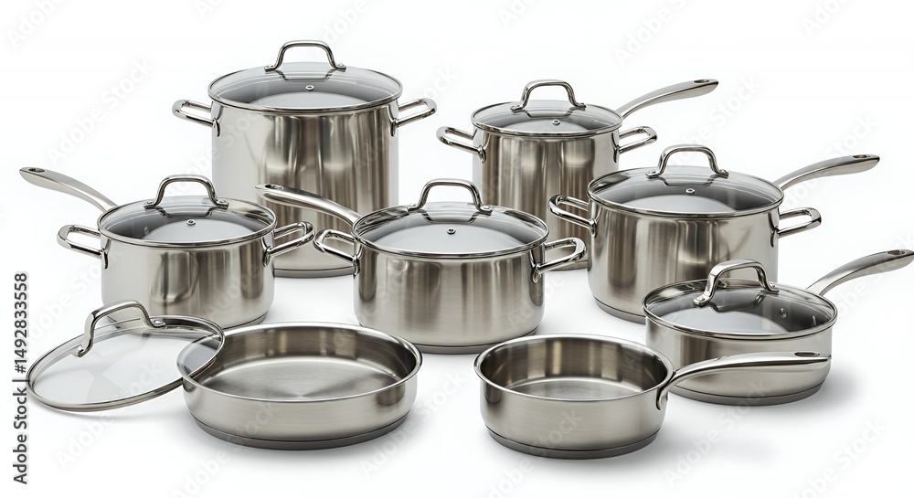 Arrangement of Stainless Steel Cookware with Glass Lids on White Background Arrangement of Stainless Steel Cookware with Glass Lids on White Background