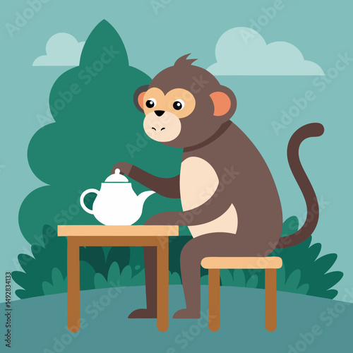 Vector art illustration of a monkey with tea