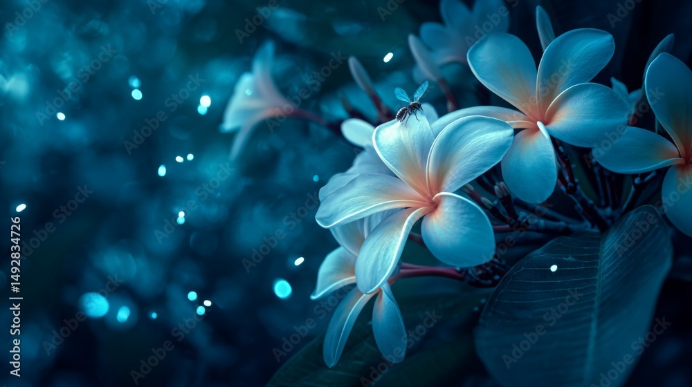 Fototapeta premium Ethereal Blue Flowers with Delicate Petals and Soft Glowing Lights in a Mystical Garden Setting