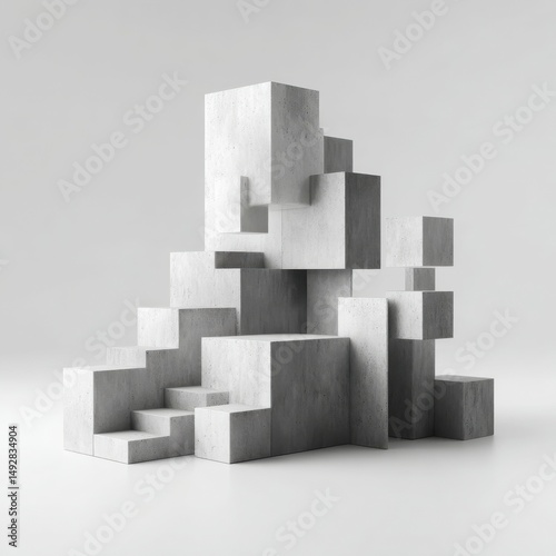 Abstract stone cube sculpture with stairs floating above steps on white background