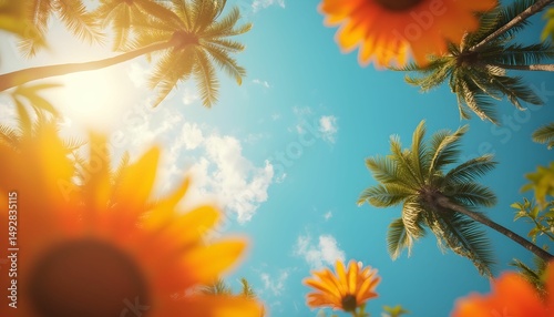 Vibrant sunflowers and palm trees under a bright summer sky create a cheerful atmosphere perfect for relaxation in a sunny paradise Generative AI