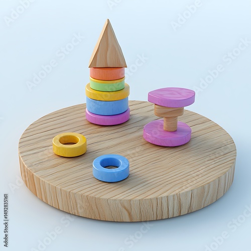 Colorful wooden stacking toys high resolution photo