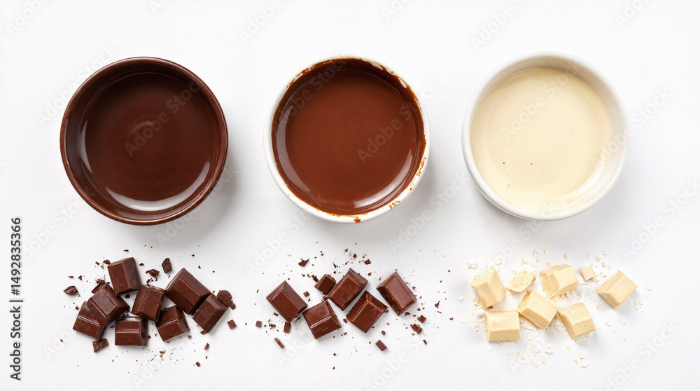 Fototapeta premium Three bowls of melted chocolate—dark, milk, and white—paired with matching chocolate chunks on a white background