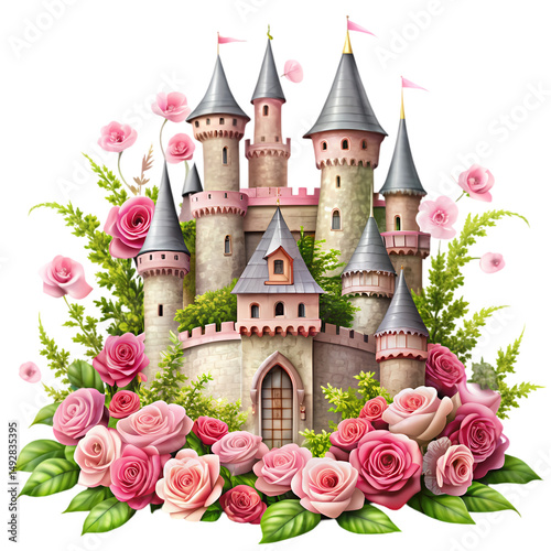 Fairytale Castle Amidst a Garden of Roses isolated on transparent background