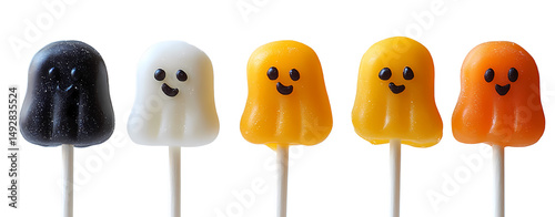 Colorful ghost-shaped lollipops arranged on sticks, perfect for Halloween decor and sweet treats.