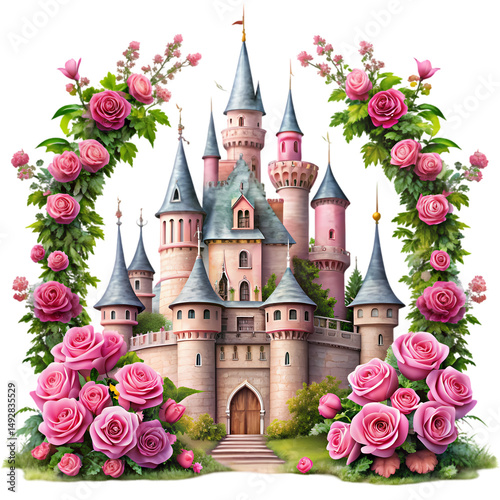 Fairytale Castle Framed by Roses isolated on transparent background