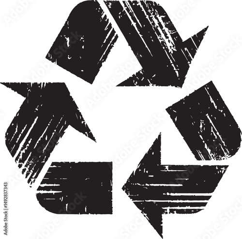 Grungy recycling symbol featuring three arrows, presenting a concept of eco-friendliness, sustainability, and the importance of reuse