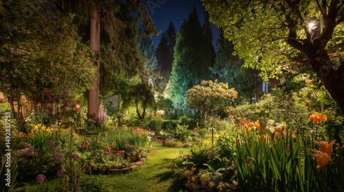 Lush garden view at night illuminated by landscape lighting low angle shot of flowers trees and pond