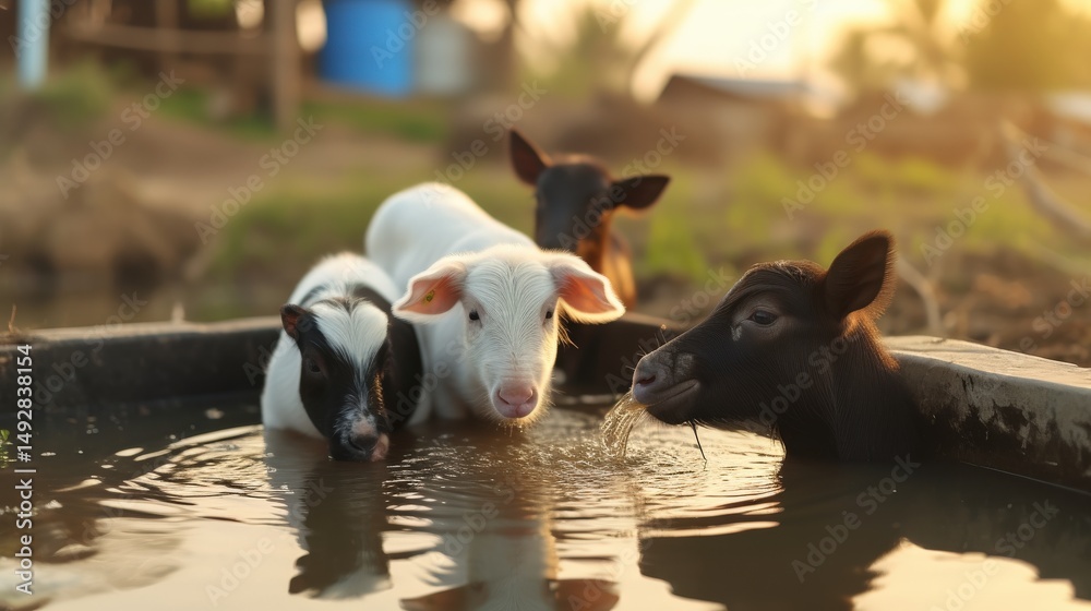 Fototapeta premium Farm animals playing in water sunny day natural setting calves frolicking