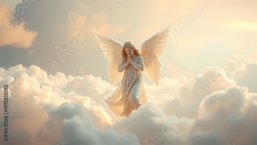 Ethereal background displays a celestial angel figure amidst soft, glowing clouds and gentle, diffused light.