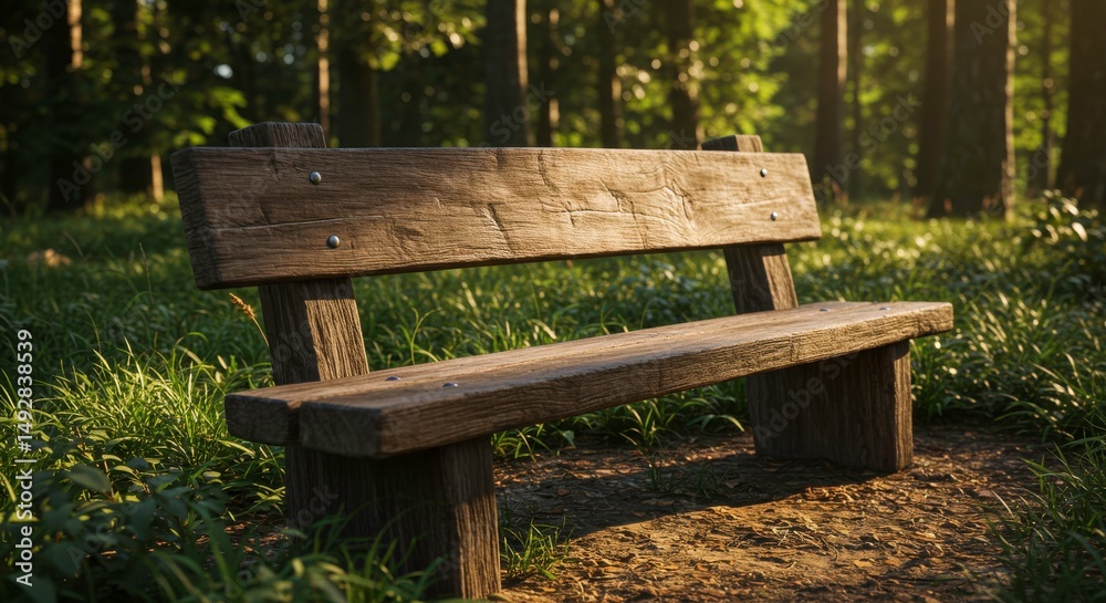 Rustic Wooden Park Bench in a Tranquil Forest Setting at Dawn Rustic Wooden Park Bench in a Tranquil Forest Setting at Dawn