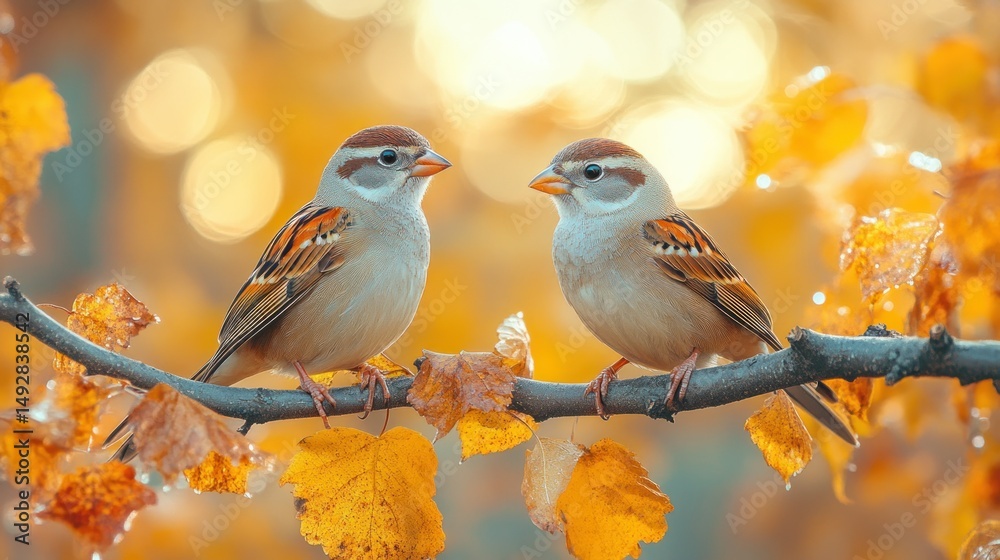 Obraz premium Two sparrows on a branch in autumn