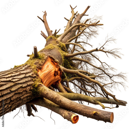 Fallen Tree Trunk with Exposed Roots and Cut Section isolated on transparent background