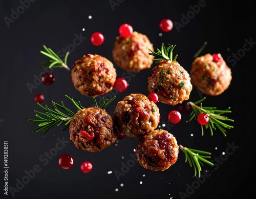 Delicious gourmet meatballs garnished with rosemary, cranberries, and sesame seeds, artistically arranged against a dark background with floating elements.