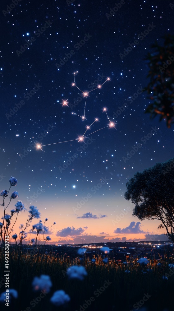 Fototapeta premium A Night Under the Lyra Constellation: Starry Skies Above a Meadow Landscape, City Lights Glow in the Distance, a Dreamy and Celestial Experience.