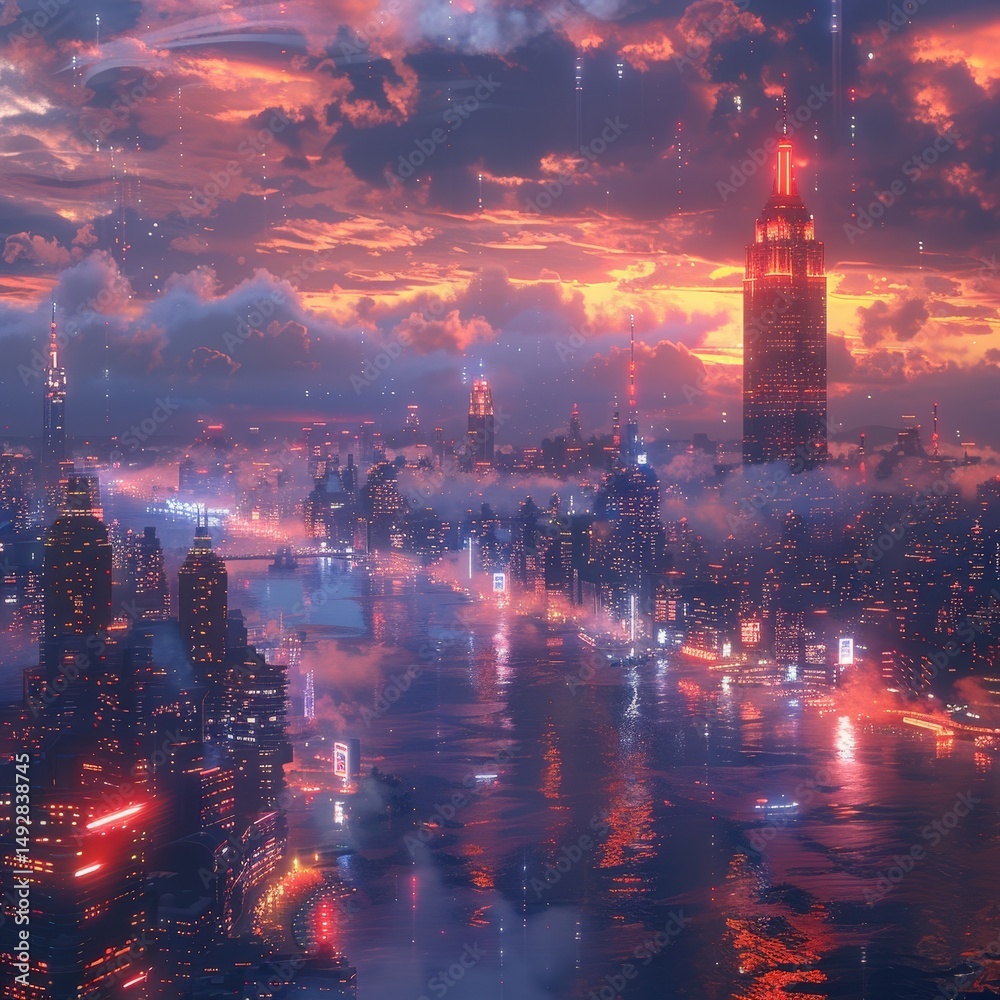Fototapeta premium Vibrant Futuristic Metropolis Skyline at Twilight with Dramatic Clouds and Reflecting City Lights