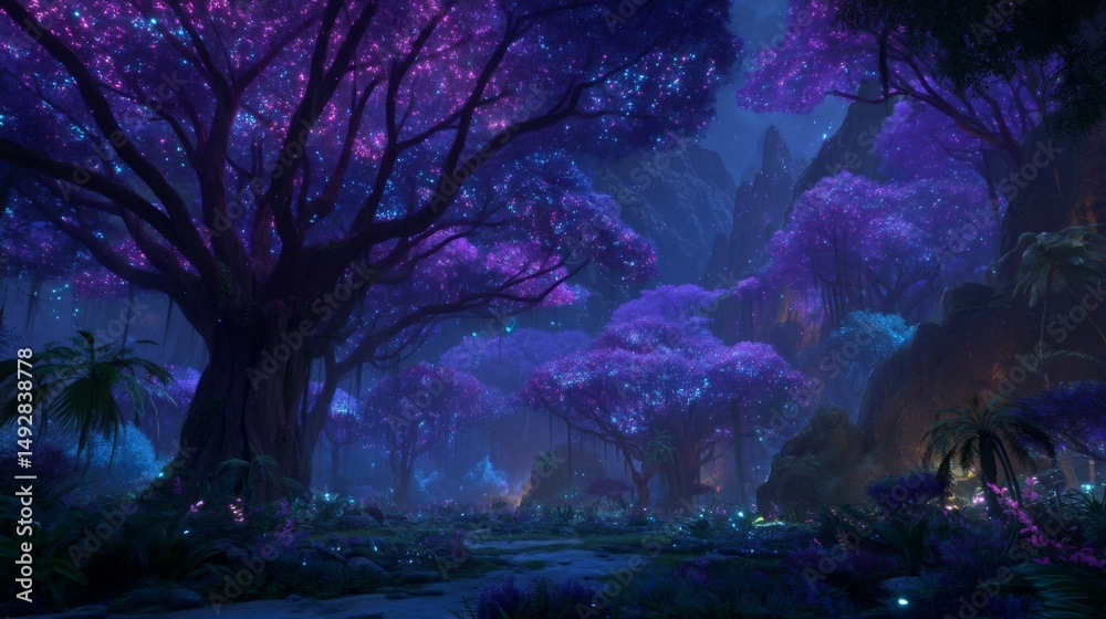 Fototapeta premium Enchanted Forest with Luminous Purple Trees and Ethereal Glow in a Mystical Night Setting