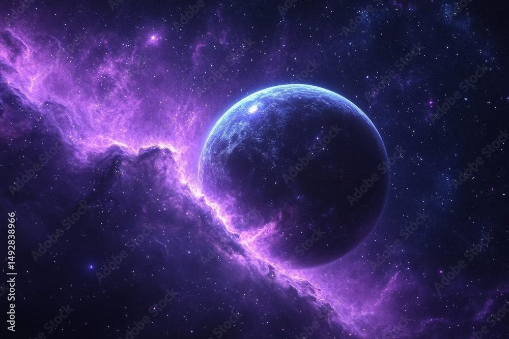Obraz premium Celestial Dance: A Distant Planet Enshrouded in Cosmic Dust and Nebular Light, Illuminated by a Myriad of Stars in the Vast Expanse of the Universe