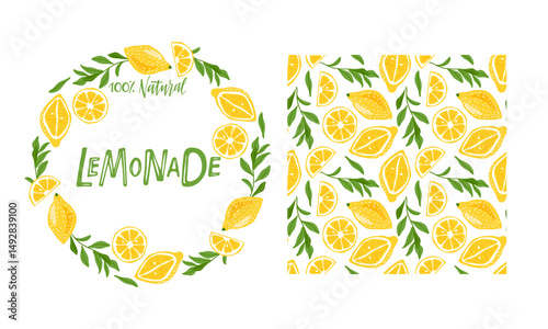 Lemonade label and packing paper. Lemon Round border, Sliced lemons, twigs, leaves and inscription. Summer poster, banner, invitation, packaging, branding. Vector Illustration for Summer lemonade