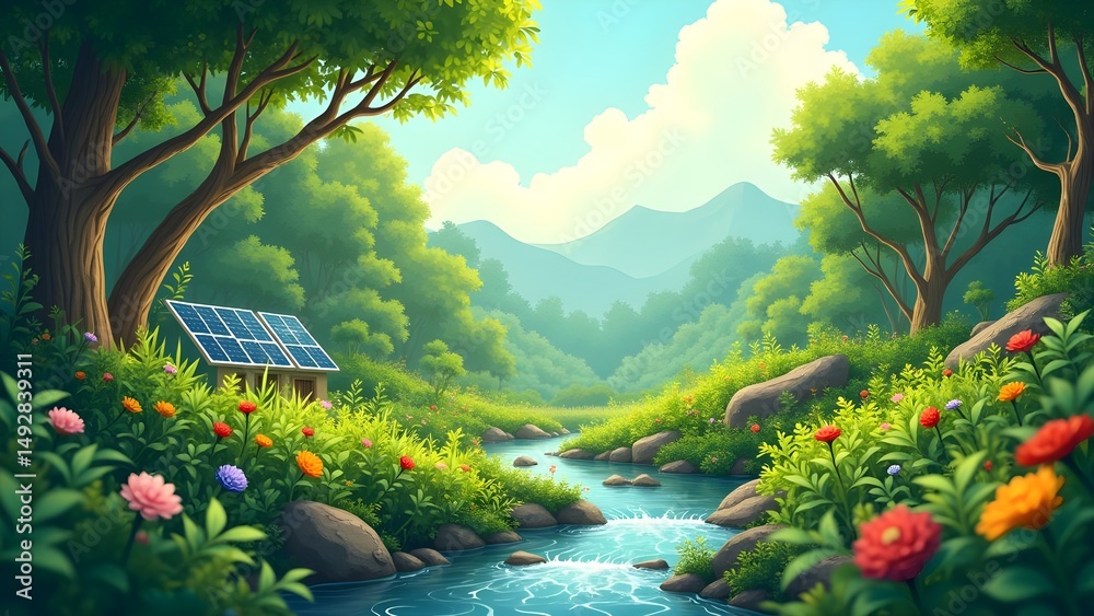 Obraz premium Cartoon landscape featuring solar panels by a river in a lush, green valley with mountains and vibrant flora.