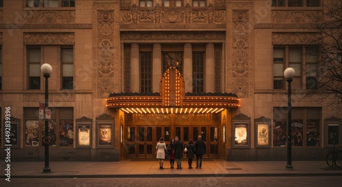 Elegant Vintage Movie Theater Exterior at Dusk with People Waiting