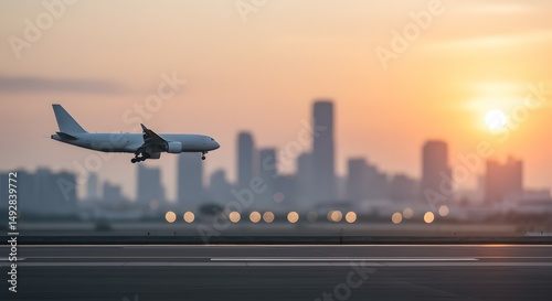 Airplane Landing at Sunset Over City Skyline Stunning Travel Photography
