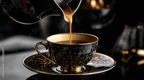 Elegant Black Gold Teacup Coffee Pouring Luxury Drink hot bar cafe rich dark life food latte aroma  