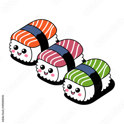 Cute vector sushi characters with smiling faces on white background